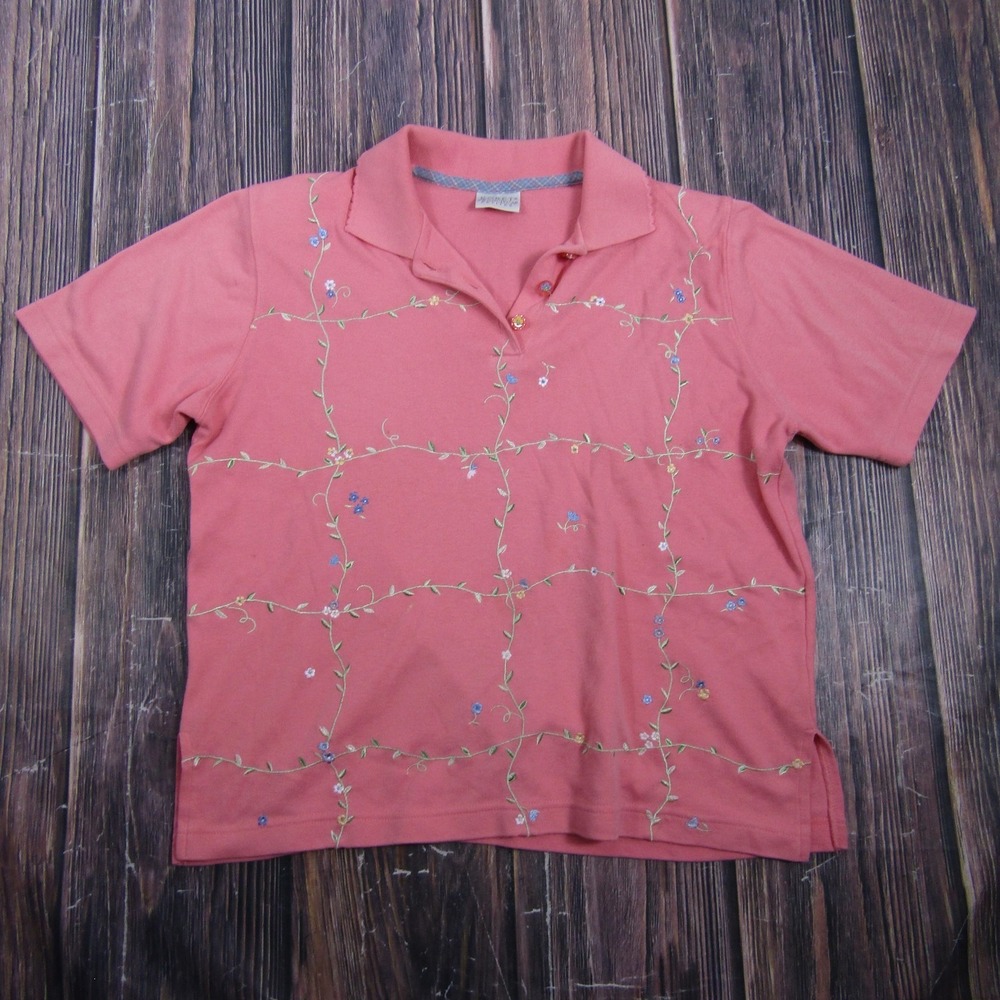 Koret Francisca Womens Petites XL Pink Embroidered Floral Polo Shirt Granny 90s